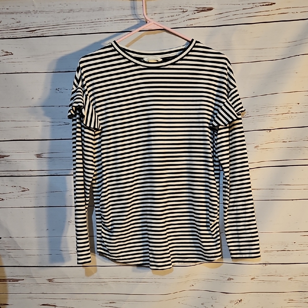 H&M Mama Maternity Black‎ & White Striped Ruffle Long Sleeve Top,M